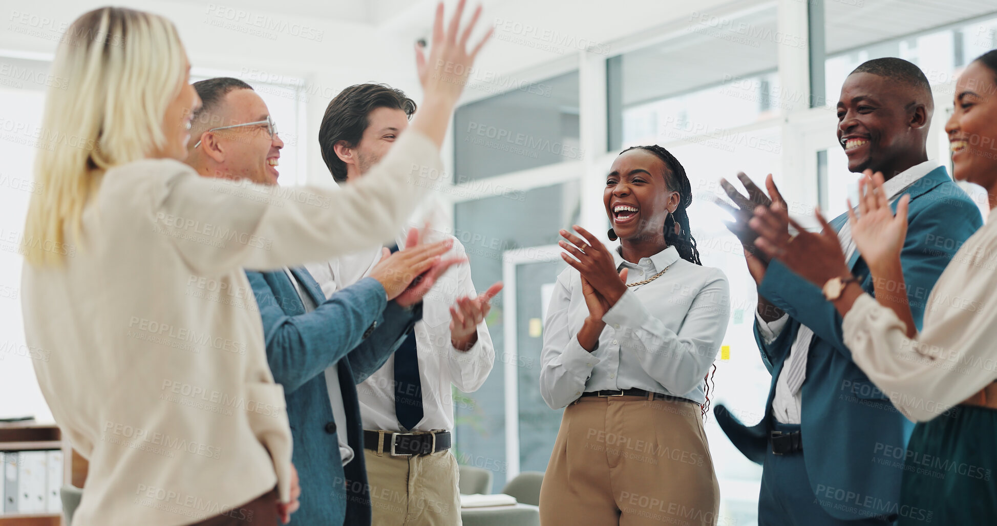 Buy stock photo Happy, business people and applause with congratulations for winning, promotion or success at office. Group of employees clapping with smile for collaboration, teamwork or bonus together at workplace