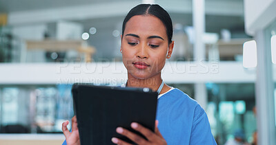 Surgeon, woman and tablet for reading at hospital in corridor for typing, application or thinking for telehealth. Doctor, nurse and person on digital touchscreen for medical review, report or history
