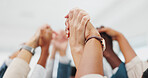 Business people, holding hands for prayer or support, trust and solidarity with mission, help and respect in team. Community, strong together and meeting with praise or celebration for collaboration