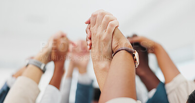 Business people, holding hands for prayer or support, trust and solidarity with mission, help and respect in team. Community, strong together and meeting with praise or celebration for collaboration