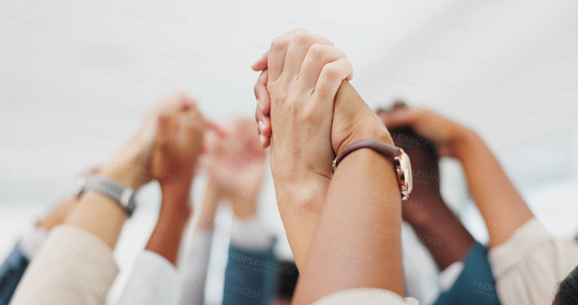 Buy stock photo Business people, holding hands for prayer or support, trust and solidarity with mission, help and respect in team. Community, strong together and meeting with praise or celebration for collaboration