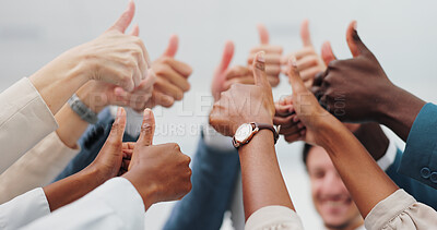 Business people, hands and meeting with thumbs up for winning, teamwork or collaboration at office. Closeup of employees or group with like emoji or yes sign for diversity or thank you at workplace