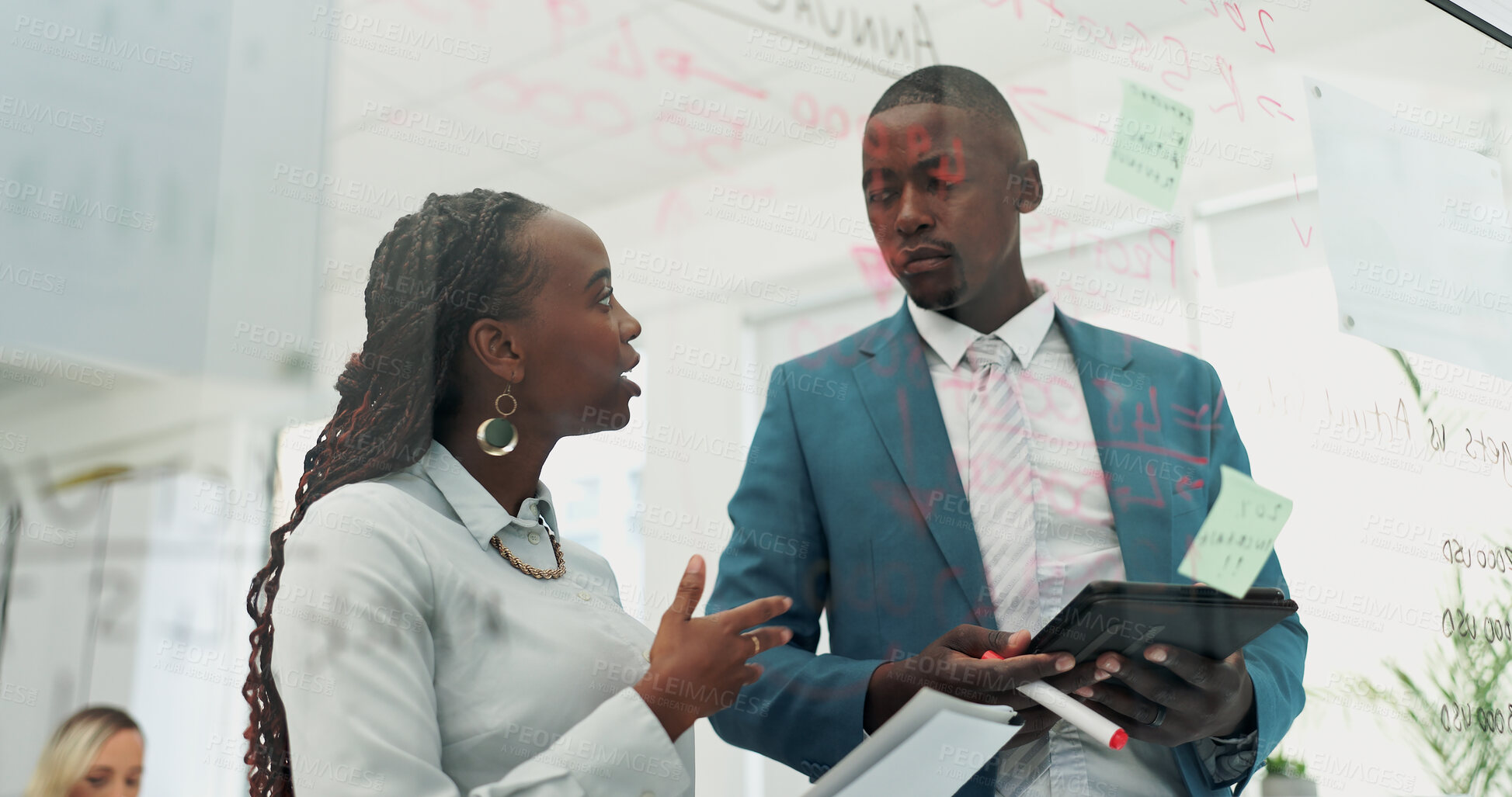 Buy stock photo Business man, woman and notes at glass with tablet, discussion and planning with teamwork in office. People, partnership and digital touchscreen by board with reading, thinking and creativity at job