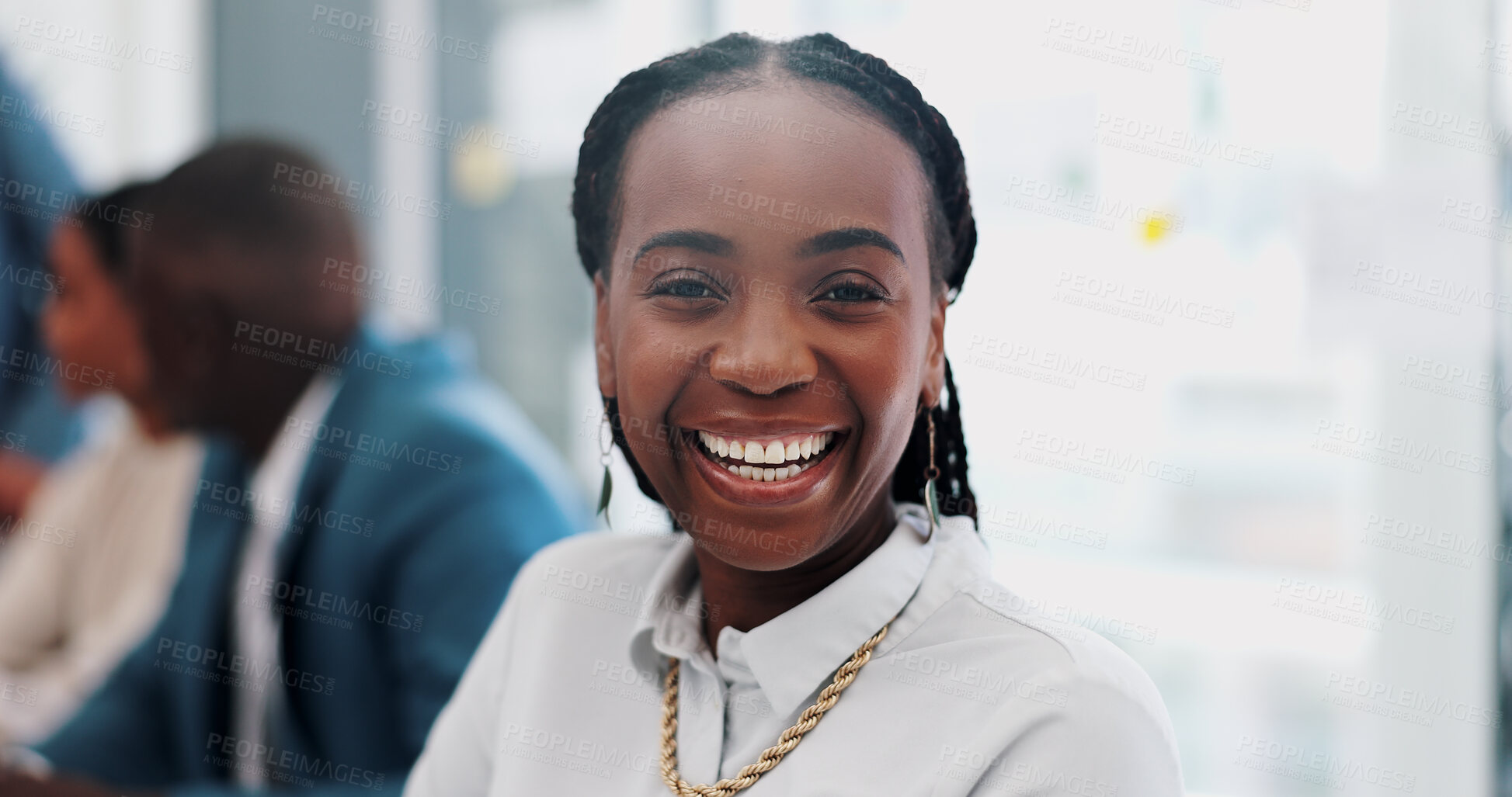 Buy stock photo Business woman, smile and face at meeting with group for pride, confidence and growth for career in office. African employee, person and happy with staff in boardroom together for discussion at job