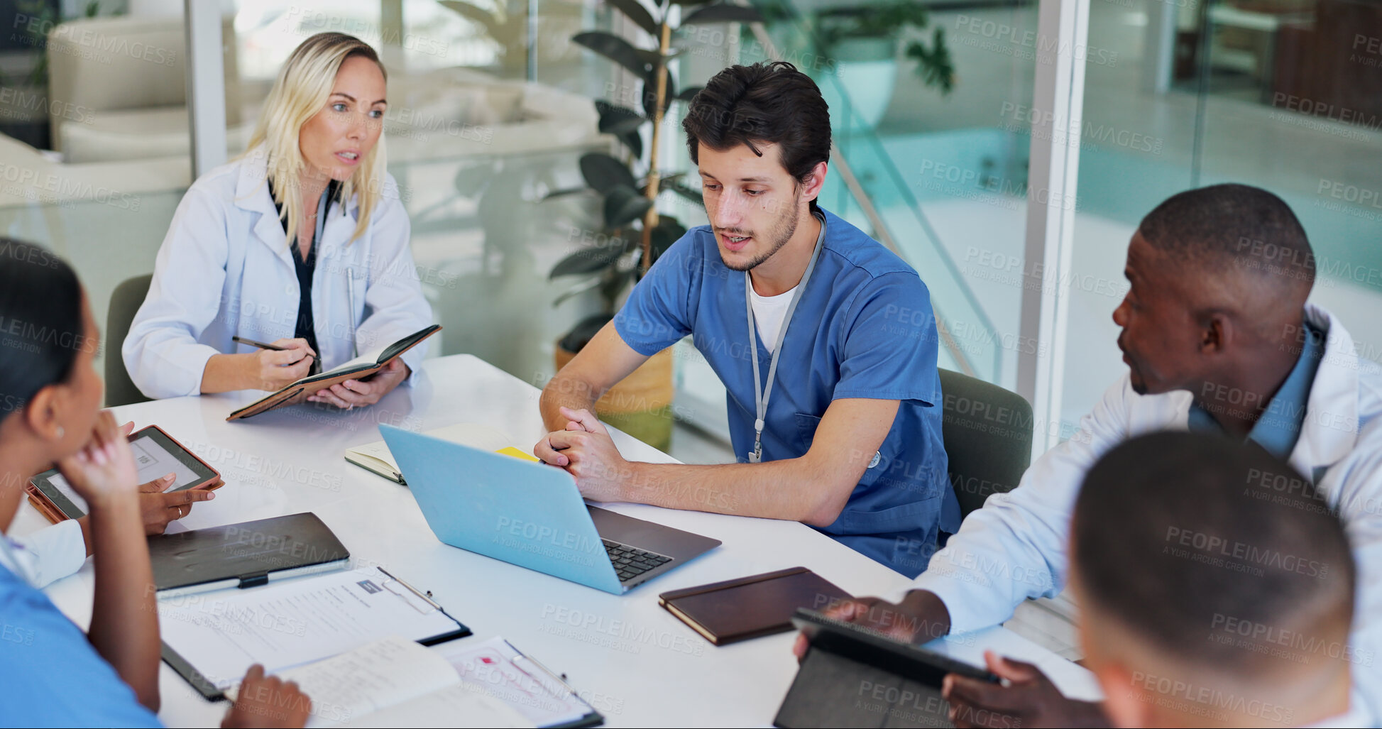 Buy stock photo Research, meeting and laptop with health workers, brainstorming for support or ideas. Technology, discussion with medical employees for collaboration, doctor and nurse in team for budget and planning