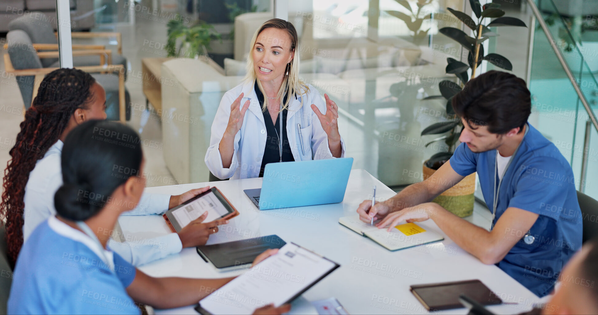 Buy stock photo Doctors, teamwork and discussion for healthcare in office with technology, documents and research. Collaboration, group and nurses in boardroom for health meeting or brainstorming medical information