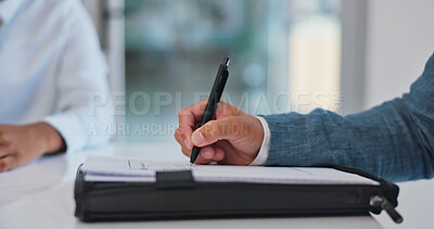 Business people, hands and closeup at meeting with writing with documentation, deal or negotiation for notes. Group, team or b2b collaboration for creative agency in legal consultation with paperwork