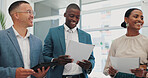 Coaching, documents and technology with team of business people in office for discussion or planning. Collaboration, meeting or strategy with man and woman employee group talking in workplace