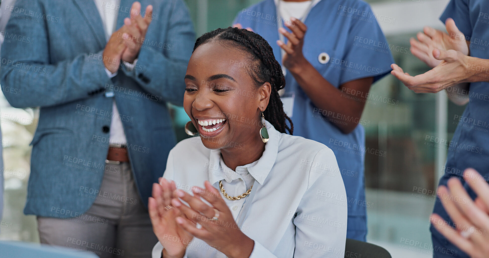 Buy stock photo Doctor, people and applause for celebration, success and excited news of clinic cancer results, records or progress. Woman, stakeholder and medical staff clapping or praise in healthcare announcement