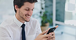 Businessman, smartphone and scroll in office and social media for online networking. IT consultant, positive and reading of email on mobile app, connectivity and browse internet for news in workplace
