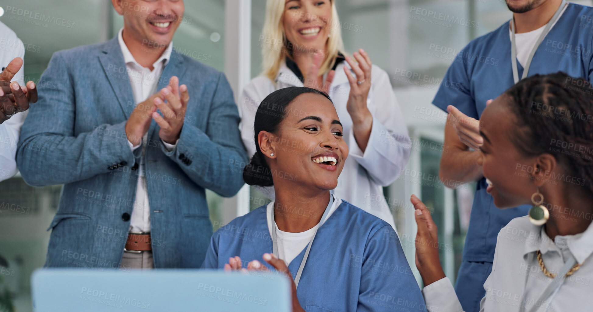 Buy stock photo Healthcare, people and happy with celebration in hospital  for promotion, victory and success on trial. Collaboration, teamwork and clapping with congratulations and staff together with achievement