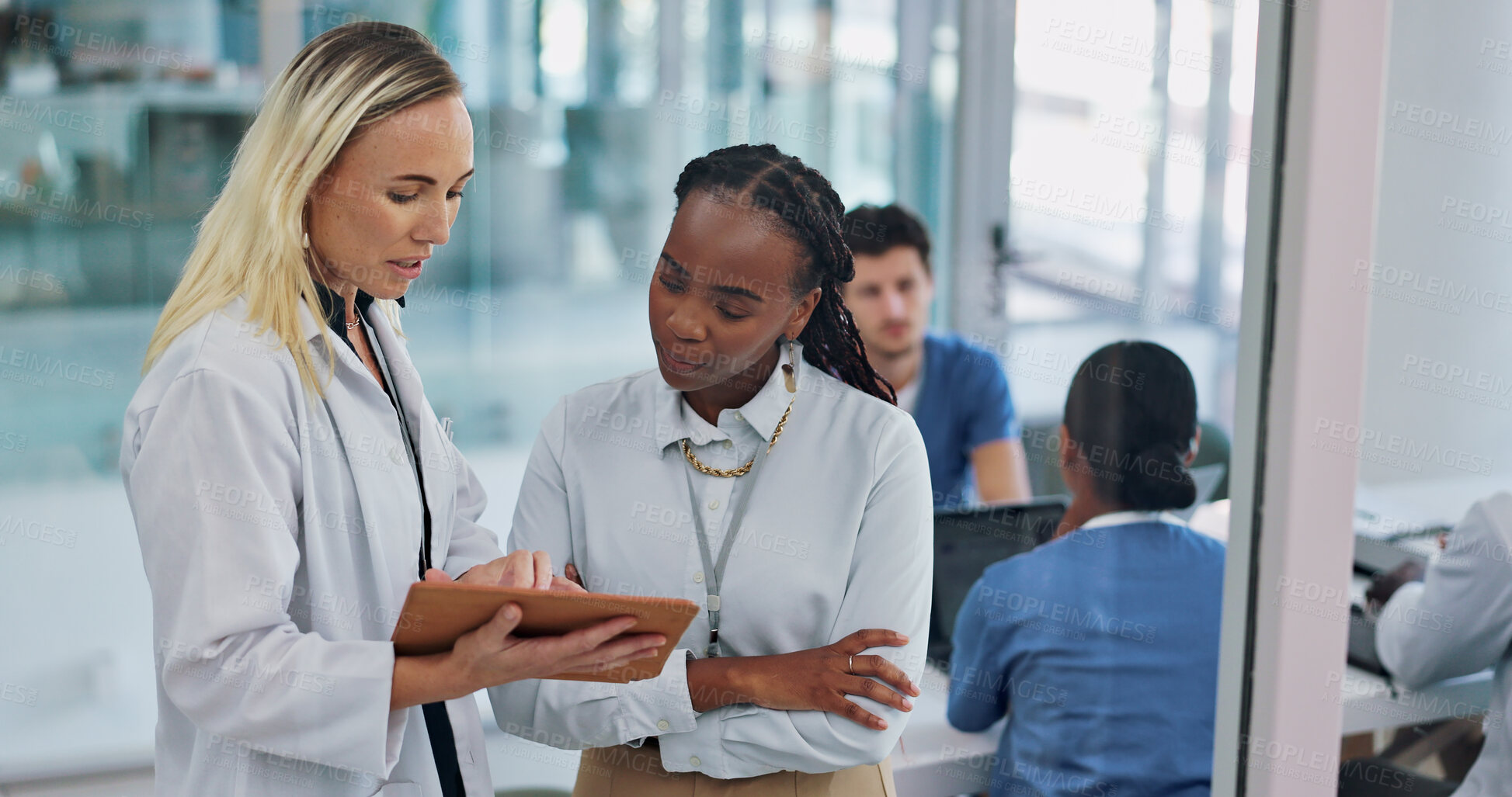 Buy stock photo Doctors, healthcare and conversation in meeting, medical advisor and consultant for medicare insurance. Brainstorming, ideas and planning schedule for hospital and clinic with discussion and chatting