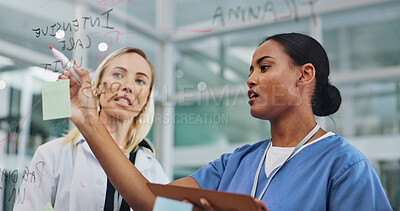 Doctors, teamwork and writing on glass board for medical solution, brainstorming and problem solving. Professional leader, nurses or healthcare people with notes, ideas and training in a hospital