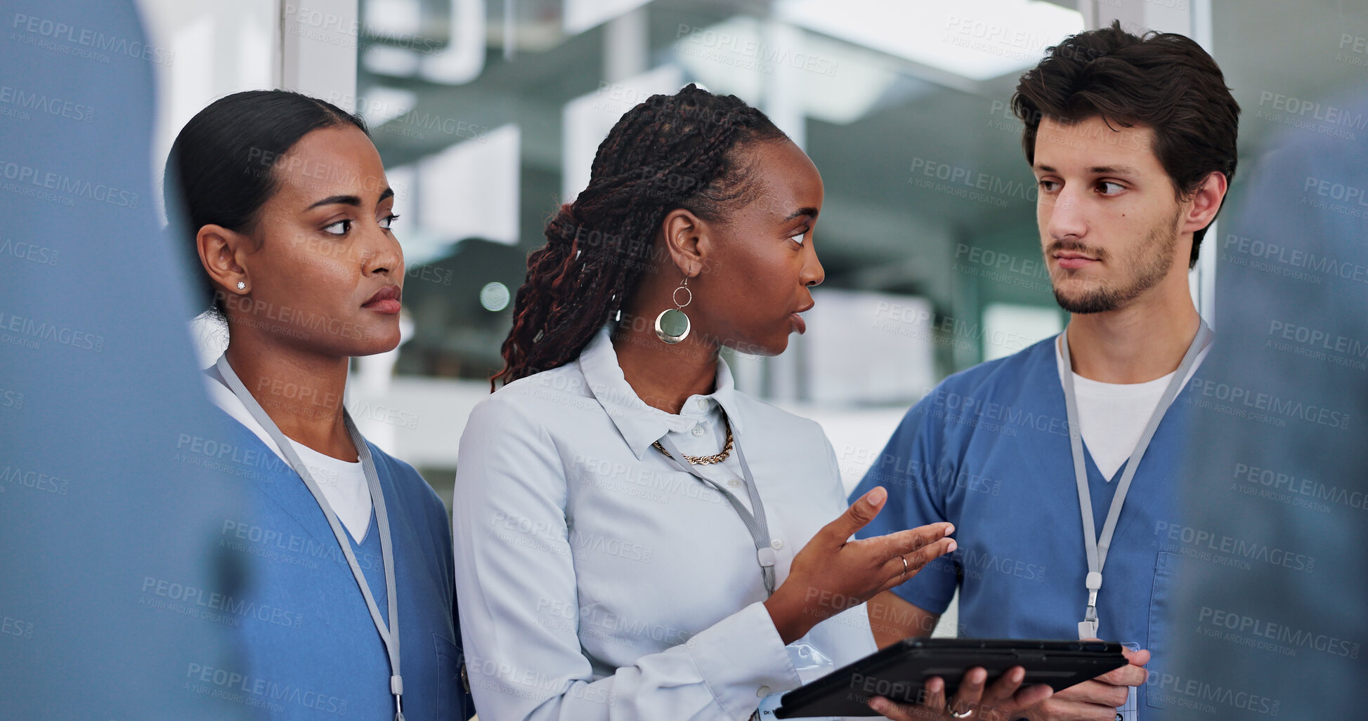 Buy stock photo Professional, nurses and businesswoman with tablet in meeting for medicine supplies, medical order or funding in hospital. Healthcare staff, research or woman with tech, talking and asking questions