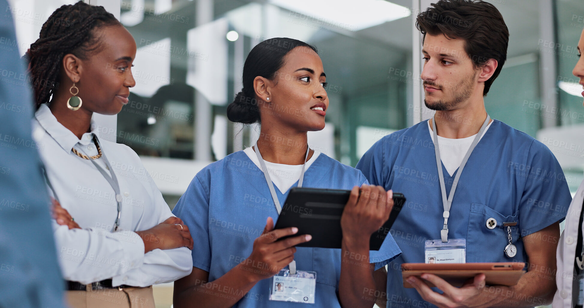 Buy stock photo Teamwork, medical people and woman with tablet in meeting for research, planning and support for solution in hospital. Healthcare staff, collaboration or nurse with tech, talking or results in clinic