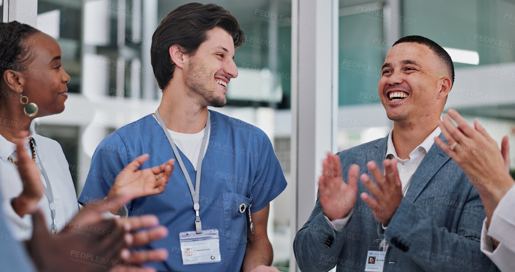 Buy stock photo Doctors, group and celebration with applause for medical success, advice and support in teamwork or hospital solution. Healthcare staff, clapping and nurse with smile and talking for clinic results