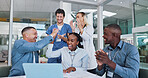 Doctors, celebration and throw documents for news on laptop, success and achievement or goals in teamwork. Medical staff, nurses and people with applause, clapping and wow or paper in air on computer