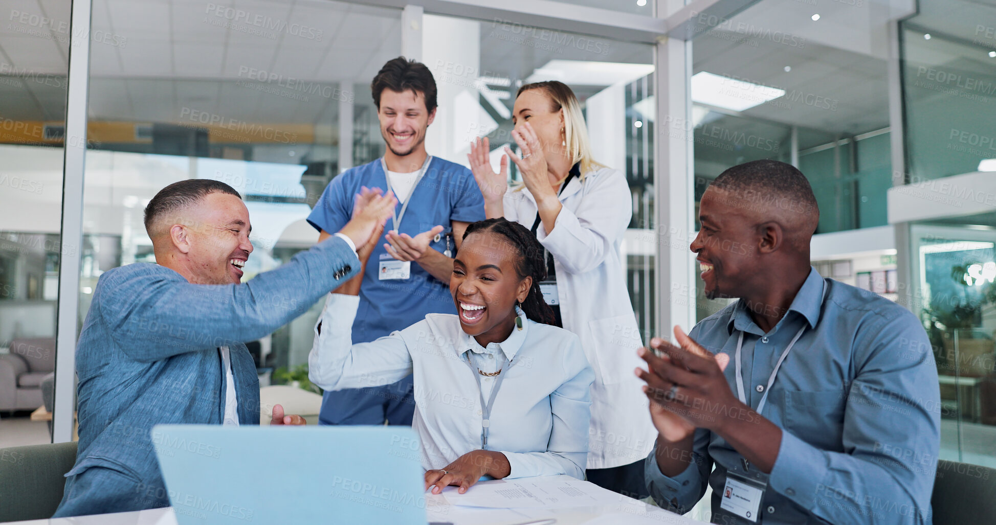 Buy stock photo Doctors, high five and people on laptop in hospital for good news, achievement and medical funding. Healthcare, clinic and men and women on computer applause for success, collaboration and teamwork