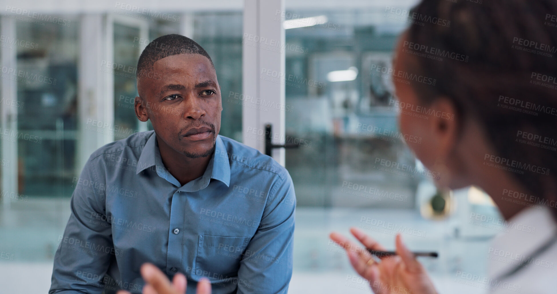 Buy stock photo Black man, serious and job interview for career growth with question, hiring and employee. Boardroom, boss and candidate in company as hr manager with corporate opportunity, commitment and discussion