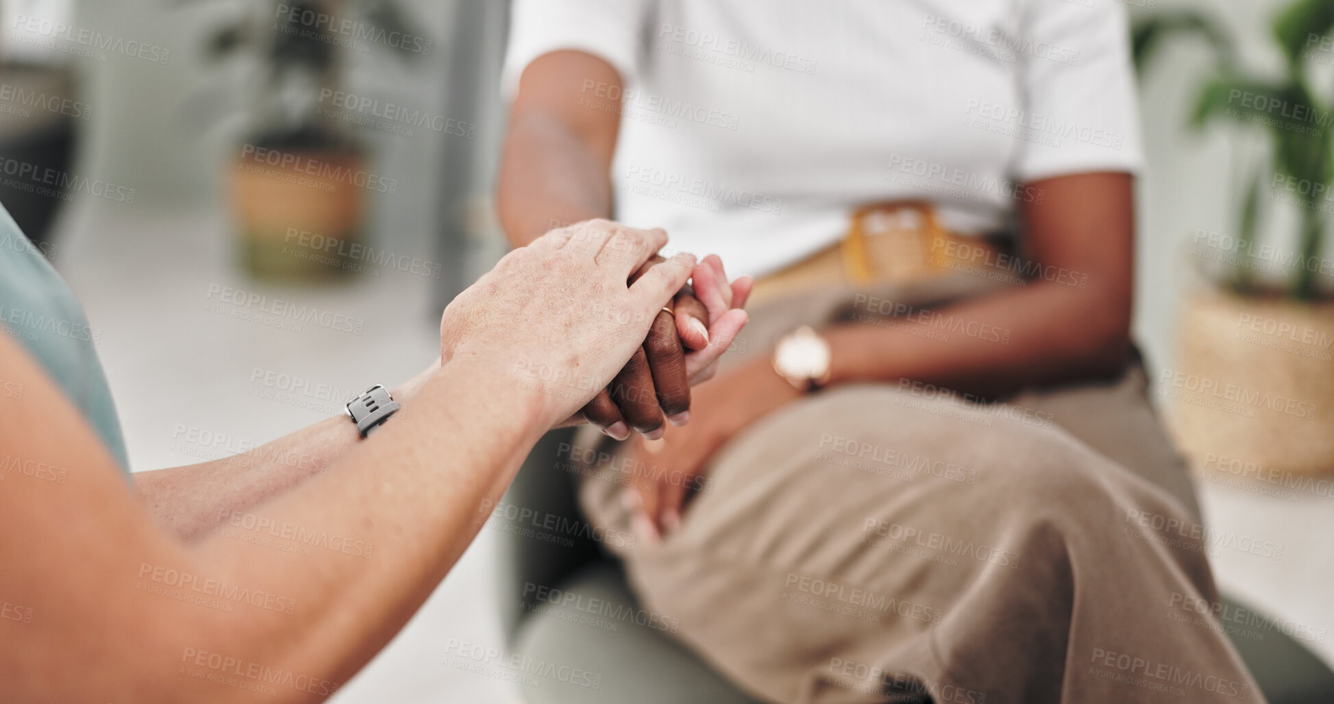 Buy stock photo People, hand and therapy in meeting, empathy and listening with advice, trust and talk with therapist.  Conversation, respect and communication for mental health, support or consultation for helping