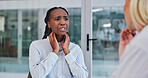 Woman, doctor and sick with discussion of diagnosis with sore throat, neck pain and cough at healthcare consultation. Patient, medical expert and talking to nurse for flu and ill with virus at clinic