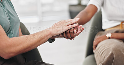 People, holding hands and closeup in group therapy with care, circle and kindness for mental health. Men, women and empathy for compassion, support and psychology with trust, consulting or community