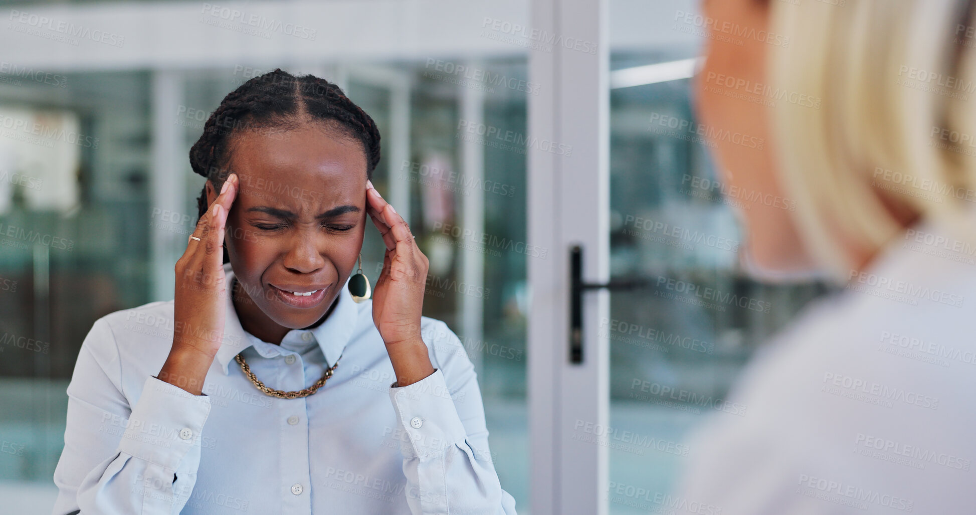 Buy stock photo Hospital, headache or black woman consulting doctor for with worry or examination or neuro questions. Healthcare, service or patient with ENT specialist for vertigo stress, dizzy or migraine problem