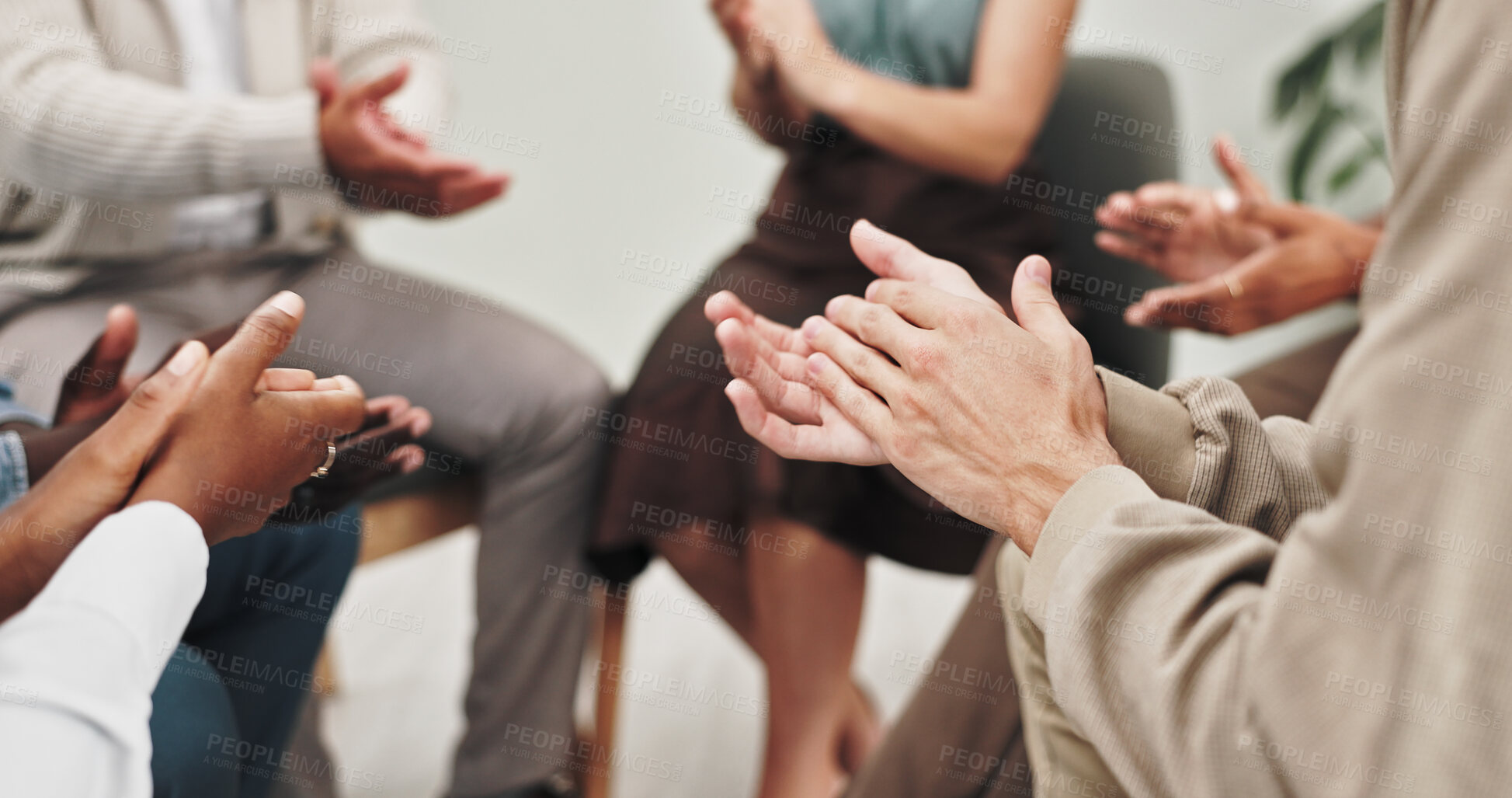 Buy stock photo Therapy, applause and group of hands in circle for support, breakthrough and achievement for mental health. Psychology, wellness and men and women clapping for empathy, help or celebration in session