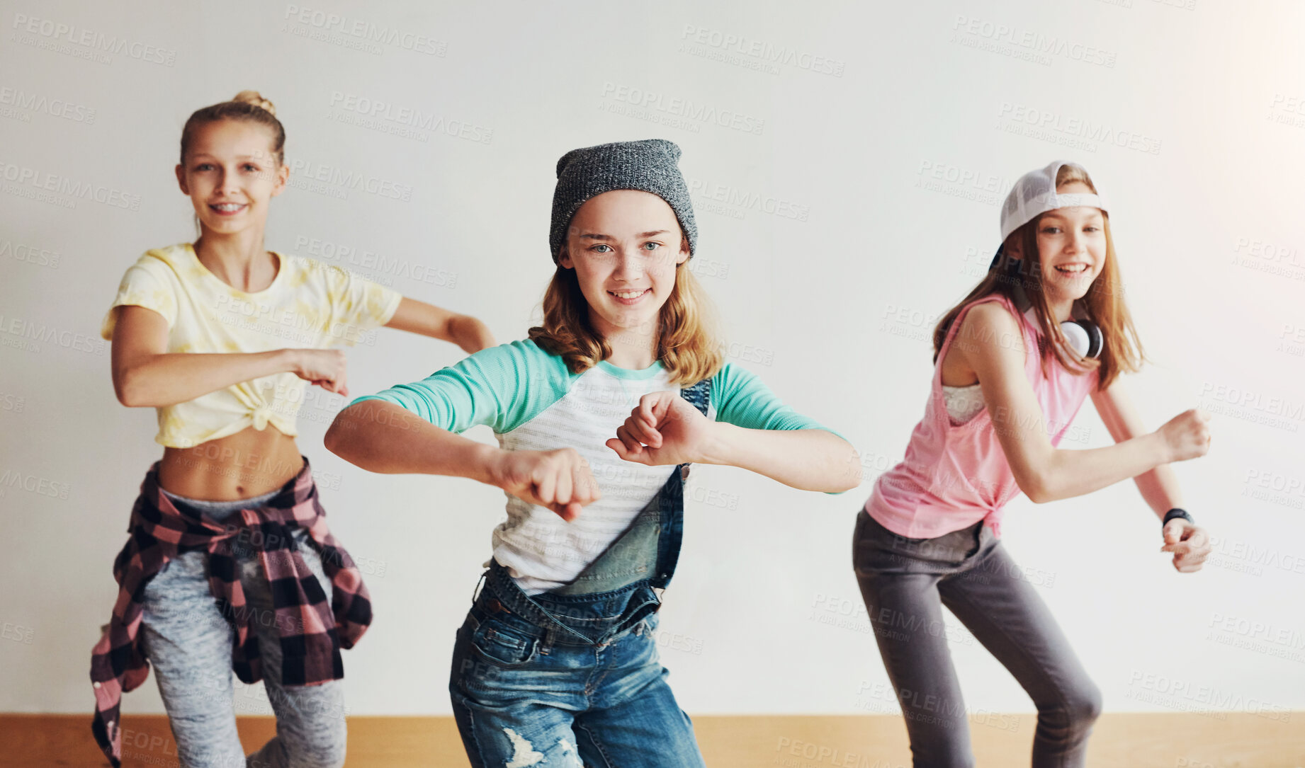 Buy stock photo Dance, fun and group of children in studio for hip hop rehearsal for concert show with music. Friends, rhythm and portrait of girls from Canada with groove for recital or performance at art school.