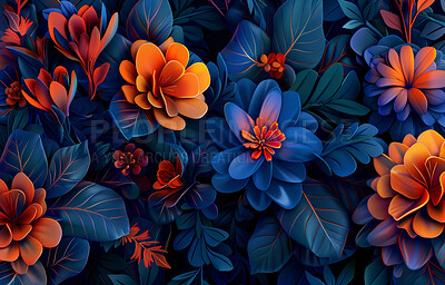 Abstract, tropical flowers or 3d background or art, plants with technology for cyberpunk. Digital, botanical or floral arrangement on dark wallpaper with pattern, blue or orange and futuristic beauty