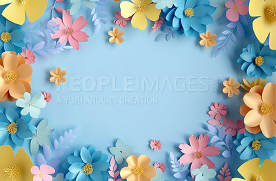 Flowers, colorful and 3d art for texture with mockup in studio for pastel abstract design illustration. Creative, pattern and bloom floral plants with leaves for border decoration by blue background.