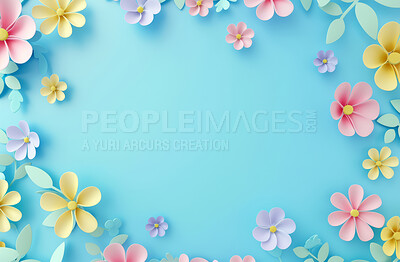 Flowers, creative and 3d art for illustration with mockup in studio for tropical abstract design. Pastel colors, pattern and bloom floral plants with leaves for border decoration by blue background.