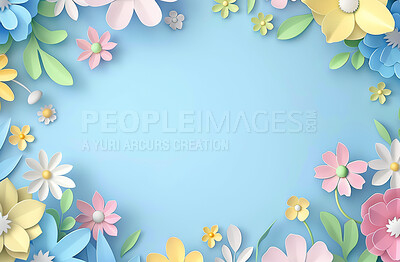 Flowers, pastel and 3d art for illustration with mockup in studio for colorful abstract design. Creative, pattern and blooming floral plants with leaves for border decoration by blue background.