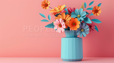 Flowers, bouquet and origami with paper in art, 3d render and creative daisy on background. Digital, vase and abstract floral artwork of plants as wallpaper poster or decoration in mock up space
