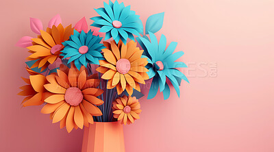 Origami, bouquet and paper flowers in art, 3d render and creative aesthetic on background. Digital, vase and abstract floral artwork of plants as wallpaper poster or decoration in mock up space