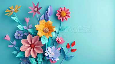 Flowers, nature and pastel with plants and growth with art deco on blue studio background. Empty, mockup space and bloom with spring and creative with artistic freedom and bouquet for gift or floral