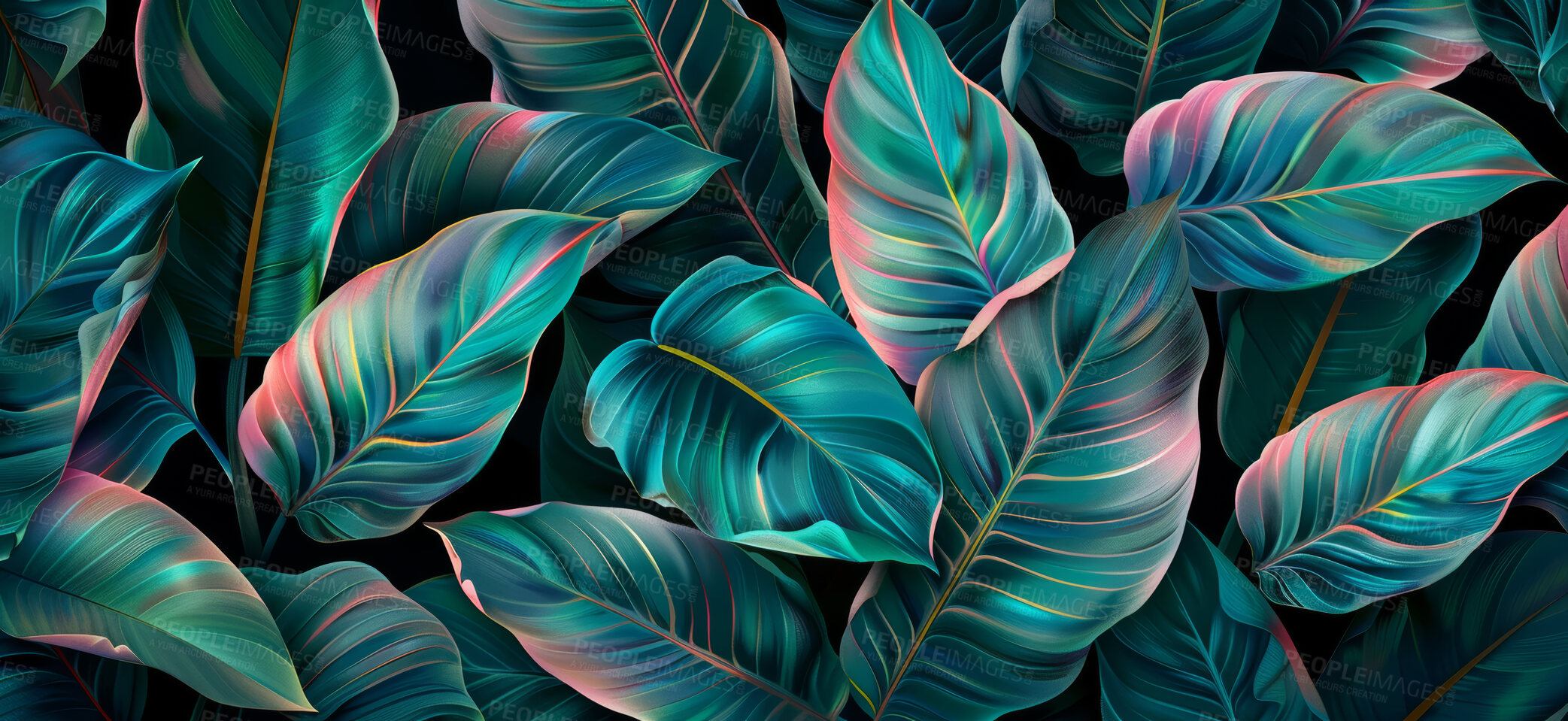 Buy stock photo Tropical, art and pattern of leaves on painting with metallic texture, design and creativity. Dark, illustration and floral artwork with nature for abstract, creative wallpaper and background