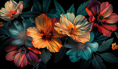 Abstract, tropical flowers or bright wallpaper or art, plants with technology for cyberpunk. Digital Hibiscus or floral arrangement on dark background with orange, blue or red and futuristic beauty