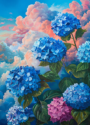 Flowers, plants and oil painting in nature for art with sky on background, wallpaper or 3d texture of clouds. Leaves, floral and color in summer garden of drawing, illustration and graphic hydrangea