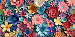 Art, colorful and illustration of 3d flowers for wallpaper, decoration or background. Creative, texture and drawing of graphic floral plants for pattern with blooming tropical botany for artwork.