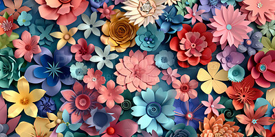 Art, colorful and illustration of 3d flowers for wallpaper, decoration or background. Creative, texture and drawing of graphic floral plants for pattern with blooming tropical botany for artwork.