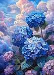 Flowers, plants and art in nature with sky on background, wallpaper or 3d design of painting pattern in summer. Leaves, clouds and color of oil drawing, illustration and graphic hydrangea in garden