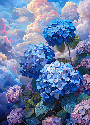 Flowers, plants and art in nature with sky on background, wallpaper or 3d design of painting pattern in summer. Leaves, clouds and color of oil drawing, illustration and graphic hydrangea in garden