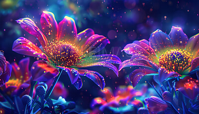 Digital flower or bright neon for background or wallpaper, abstract or graphic with technology. Psychedelic floral, print or design with creative tools for futuristic Chrysanthemum, wow or cyberpunk