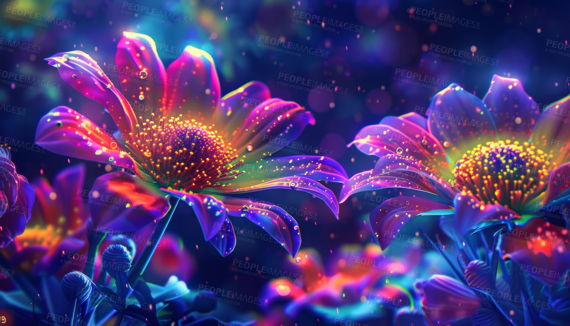 Buy stock photo Digital flower or bright neon for background or wallpaper, abstract or graphic with technology. Psychedelic floral, 3d or design with creative tools for futuristic Chrysanthemum, wow or cyberpunk