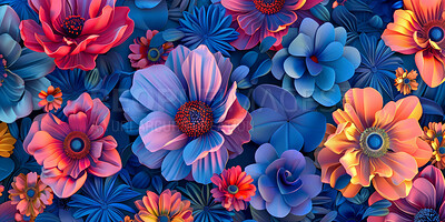 Creative, colorful and illustration of 3d flowers for wallpaper, decoration or background. Design, texture and drawing of graphic floral plants for pattern with blooming tropical botany for artwork