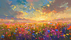 Flower, art and painting of landscape with field in nature at sunrise in spring with clouds. Digital, artwork and plants in heaven meadow with creativity in light, color or countryside illustration