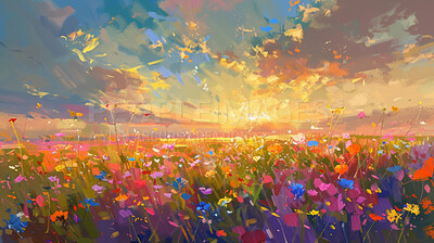 Flower, art and painting of landscape with field in nature at sunrise in spring with clouds. Digital, artwork and plants in heaven meadow with creativity in light, color or countryside illustration