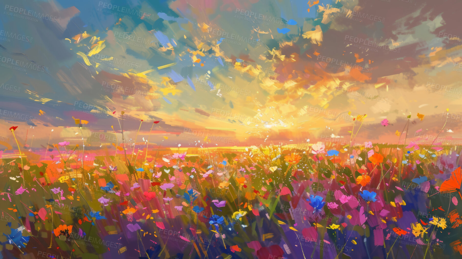 Buy stock photo Flower, art and painting of landscape with field in nature at sunrise in spring with clouds. Digital, artwork and plants in heaven meadow with creativity in light, color or countryside illustration