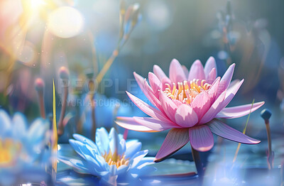 Flowers, petals and nature with art and floral with wallpaper and graphic design with lens flare and sunshine. Empty, creativity and decoration with texture or spring with plants or bloom with leaves